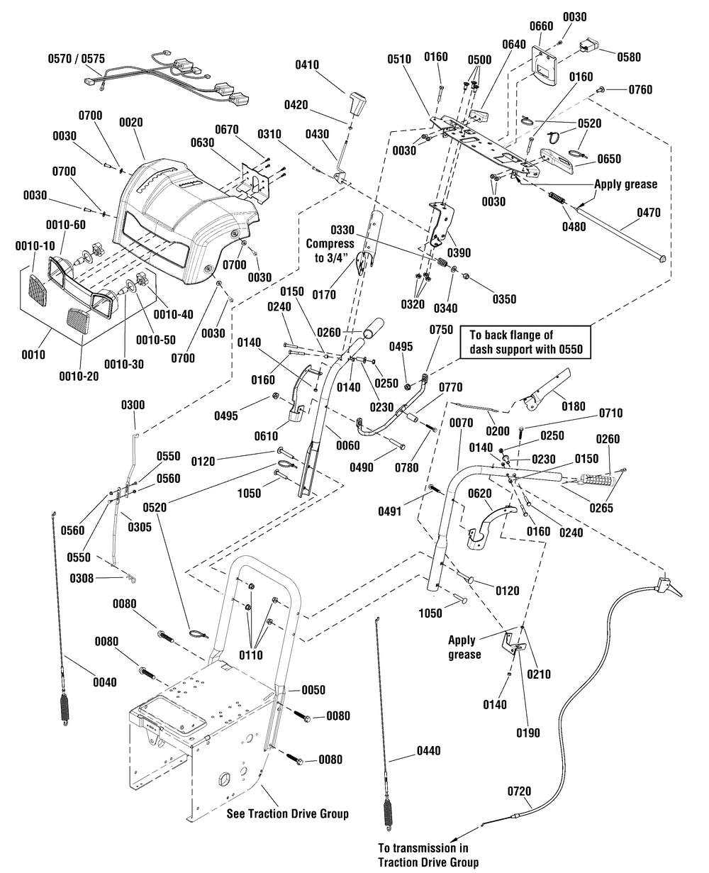 Handles And Controls Group Diagram and Parts List for 1696159-00-BP2132S 2012 Briggs and Stratton Snow Blower